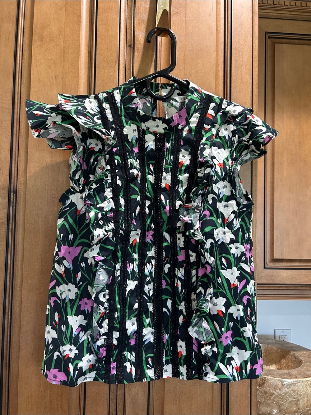Veronica Beard Black Floral Ruffle Trim Blouse